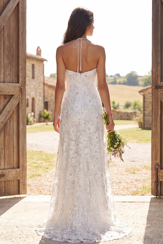 Floral Ivory Halter Neck Sweep Train Sheath Wedding Dress