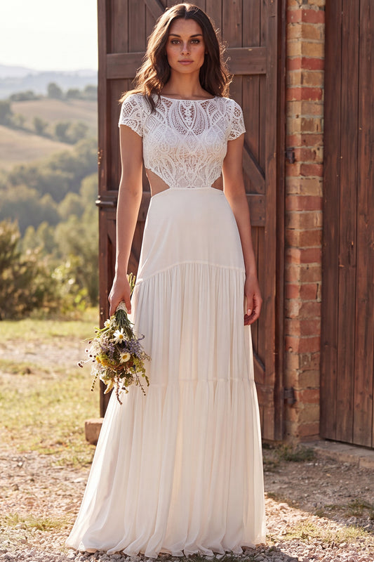 Boat Neck A-Line Ivory Cut Out Sweep Train Wedding Dress with Sleeves