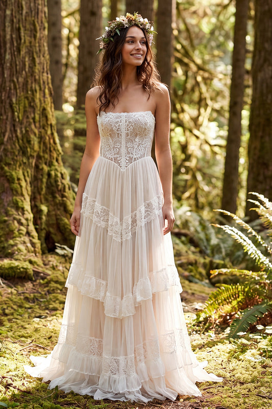 Ivory Strapless Corset A-Line Sweep Train Wedding Dress with Lace