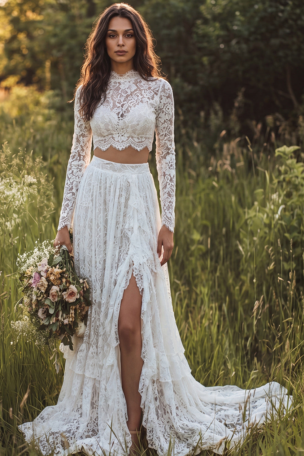 Zapakasa Women 2 Piece Ivory Lace Sweep Train Boho Wedding Dress with Sleeves A-Line High Neck Keyhole Back Bridal Dress with Slit