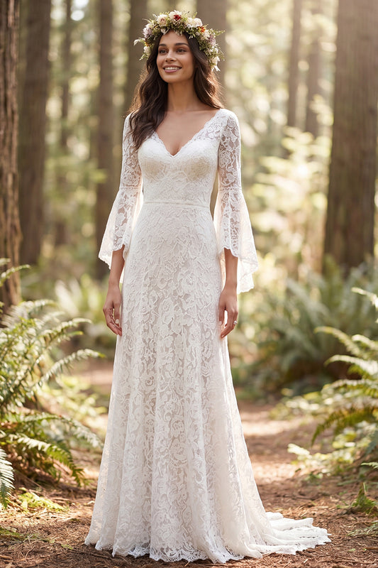 3/4 Sleeves Ivory Lace Sweep Train A-Line Boho Wedding Dress