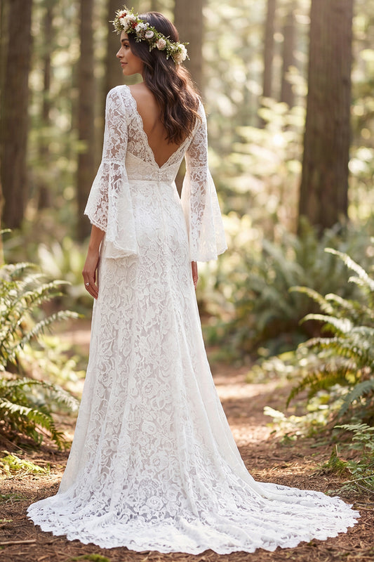 3/4 Sleeves Ivory Lace Sweep Train A-Line Boho Wedding Dress