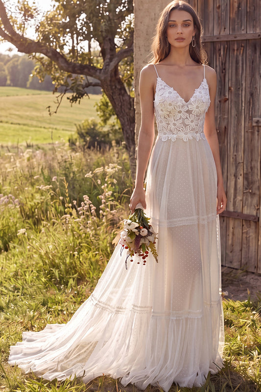 Floral Ivory Tulle Sweep Train A-Line Wedding Dress