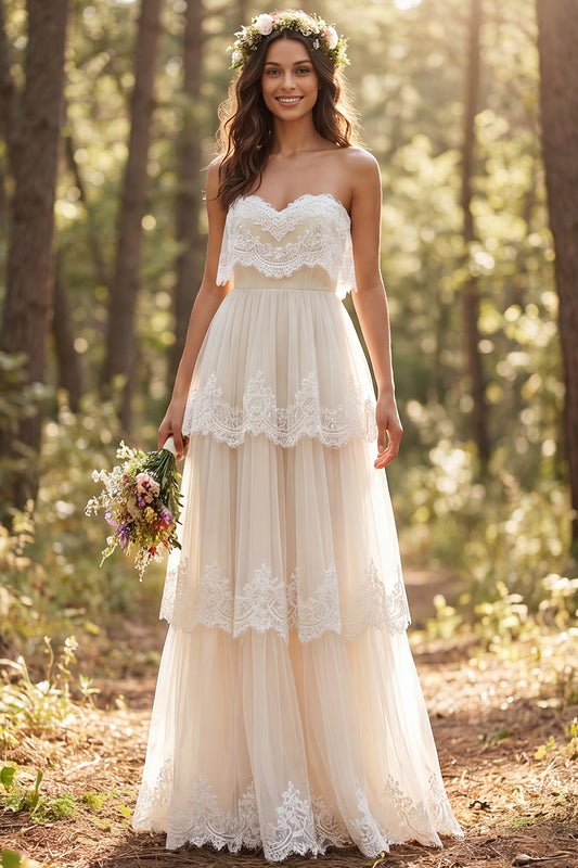 Ivory Tulle Tiered Sweetheart A-Line Maxi Wedding Dress with Lace