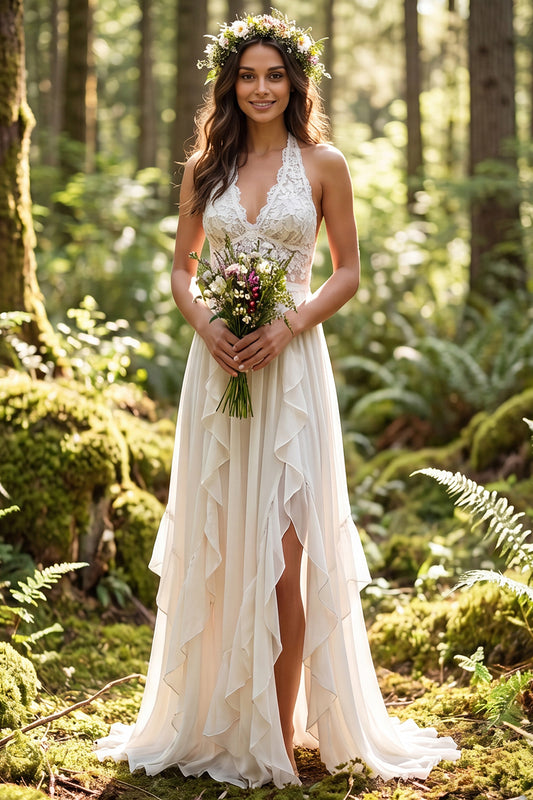 Ivory Ruffled A-Line Sweep Train Wedding Dress with Lace