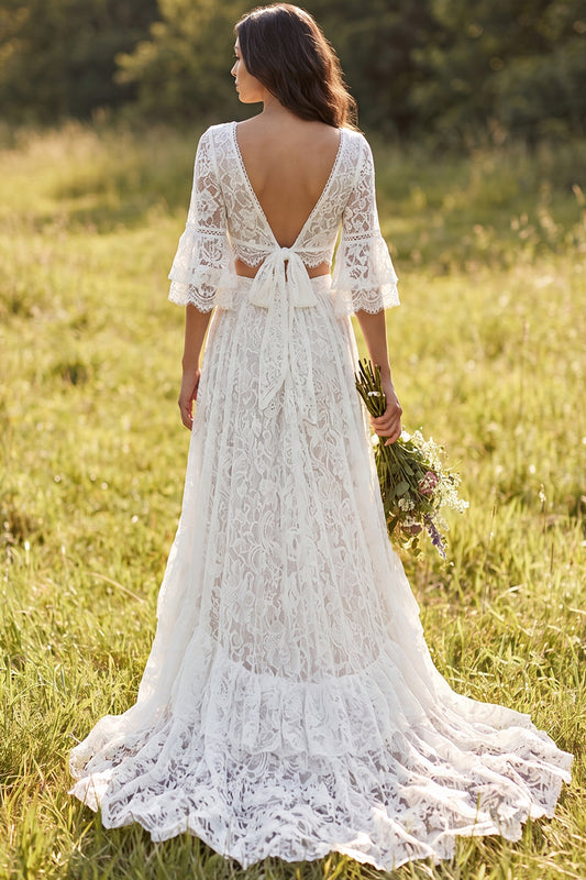 2 Piece Ivory Lace A-Line Sweep Train Boho Wedding Dress with Sleeves