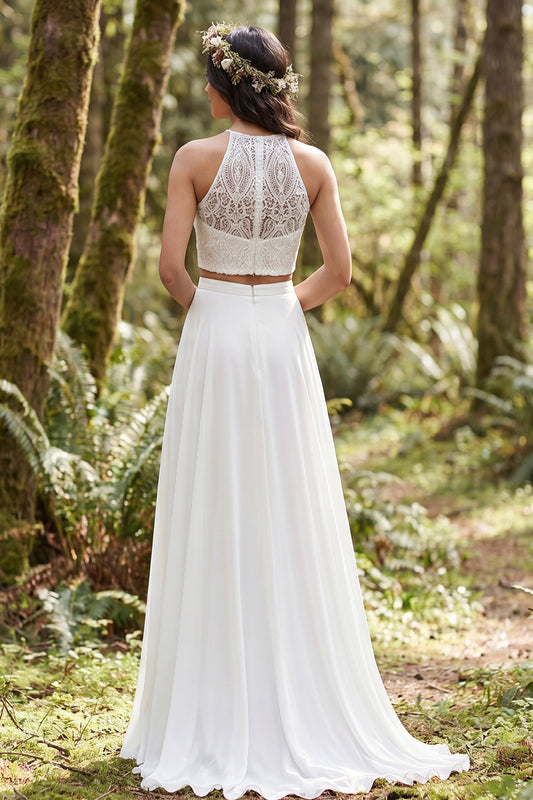 2 Piece Ivory Chiffon A-Line Sweep Train Beach Wedding Dress with Lace