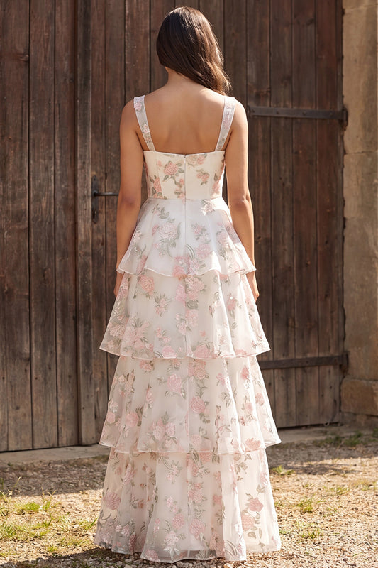Floral Ivory Tiered Ruffled A-Line Thick Straps Maxi Wedding Dress