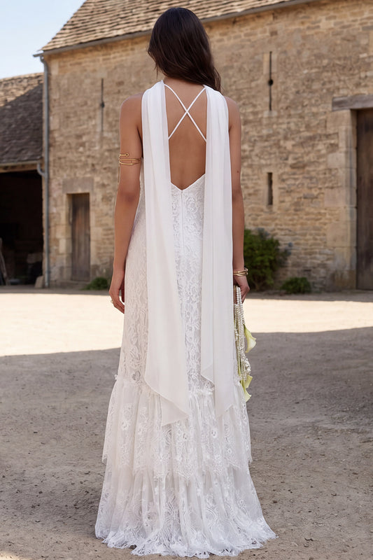 Ivory Lace Halter Neck Mermaid Neck Scarf Sweep Train Boho Wedding Dress