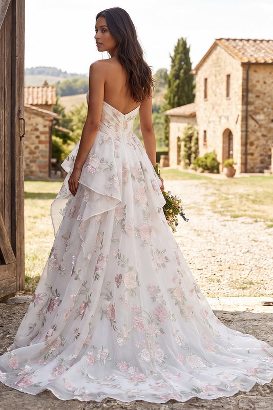 Floral Ivory Ruched Ruffled A-Line Sweep Train Wedding Dress with Slit