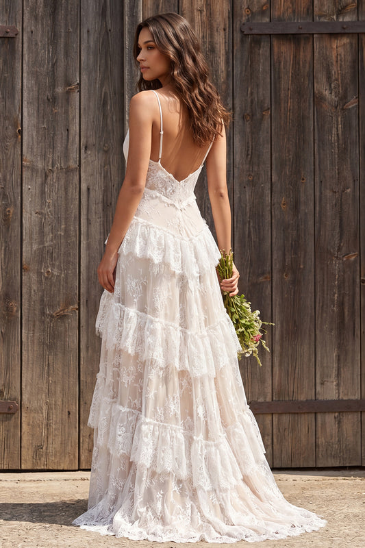 Ivory Lace Tiered Sweep Train A-Line Boho Wedding Dress with Slit