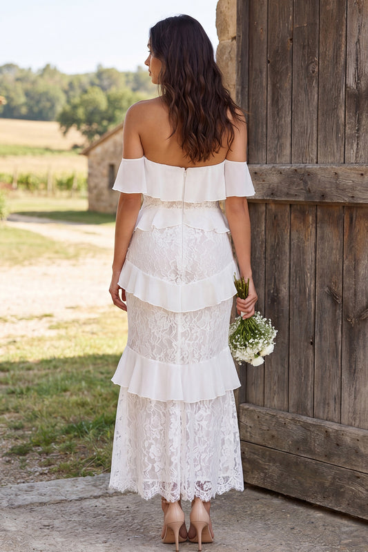 Ivory Lace Tiered Ruffled Mermaid Long Engagement Dress with Slit