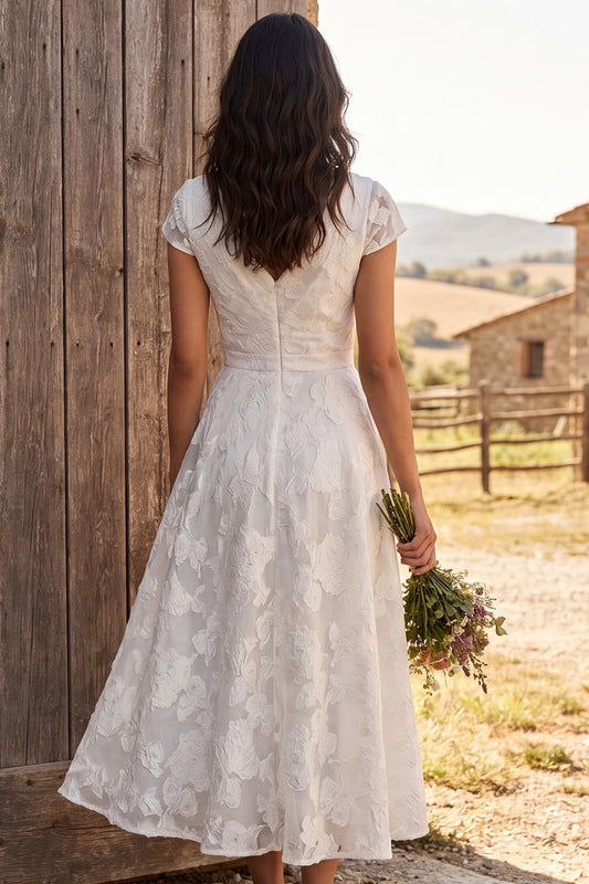 Ivory Floral Ruched A-Line Cap Sleeves Maxi Engagement Dress