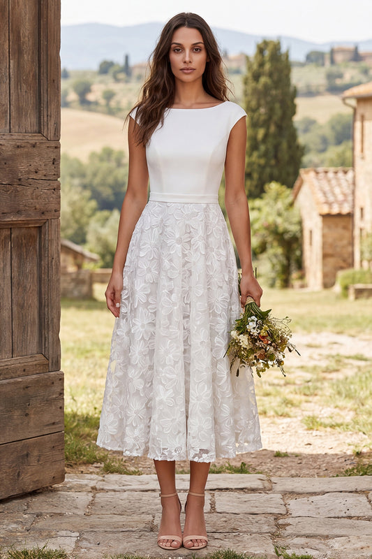 Floral Ivory Boat Neck A-Line Cap Sleeves Midi Engagement Dress