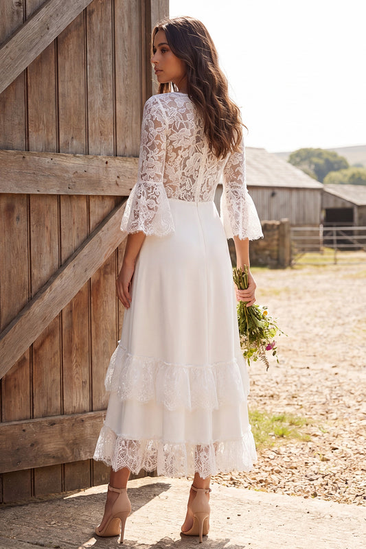 3/4 Sleeves Ivory Lace V-Neck A-Line Maxi Engagement Dress