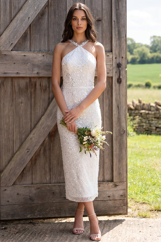 Sparkly Ivory Sequin Halter Neck Sheath Maxi Engagement Dress