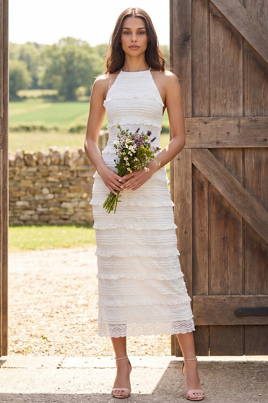 Ivory Lace Halter Neck Sheath Maxi Engagement Dress