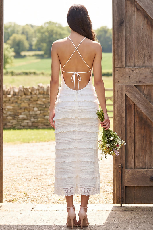 Ivory Lace Halter Neck Sheath Maxi Engagement Dress