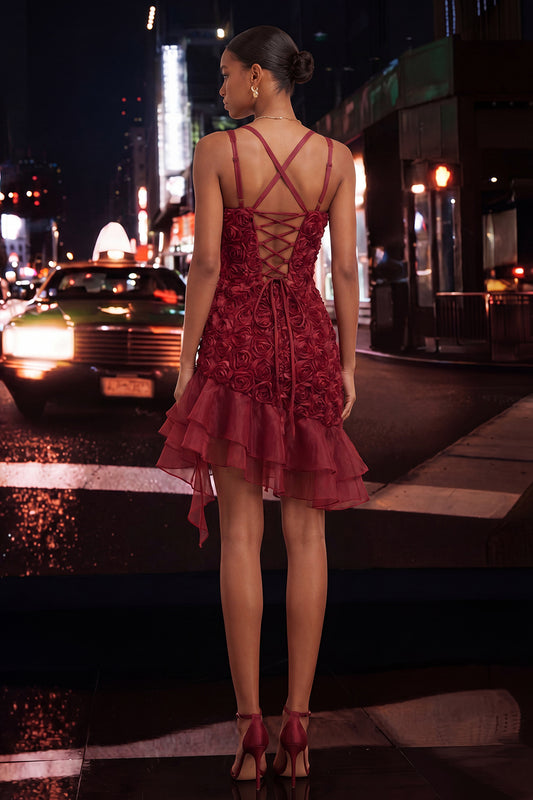 Burgundy Ruffled Tight Short Homecoming Dress with 3D Flowers