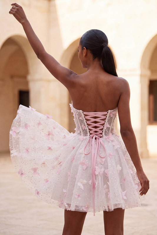 Glitter Blush Corset A-Line Short Homecoming Dress with 3D Butterflies