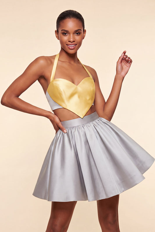 2 Piece Yellow and Grey Halter Neck Short Homecoming Dress