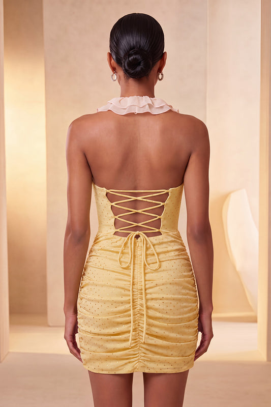 Glitter Light Yellow Ruched Tight Short Homecoming Dress with Ruffles