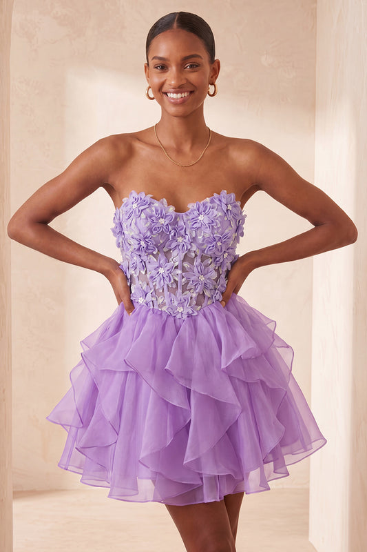 Floral Light Purple Corset Ruffled Short Homcoming Dress