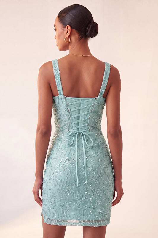 Sparkly Mint Green Sequin Tight Short Homecoming Dress with Slit