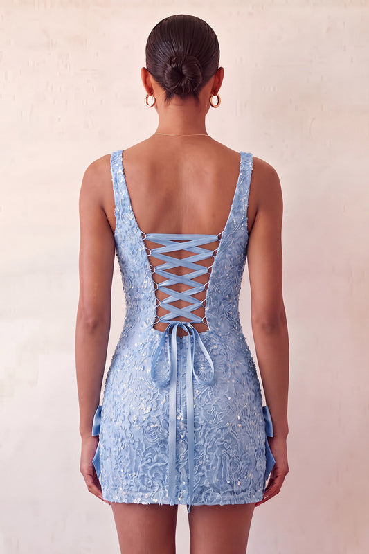 Sparkly Sky Blue Sequin Tight Short Homecoming Dress with Bows