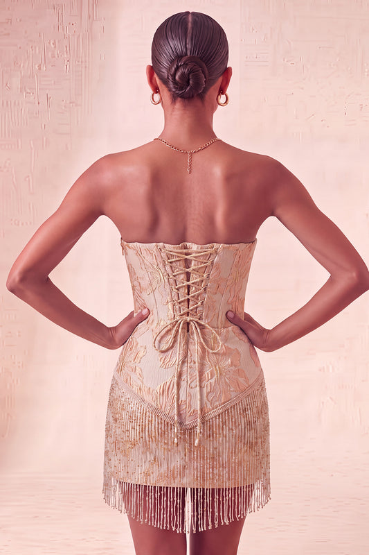 Champagne Jacquard Tight Short Corset Homecoming Dress with Fringes