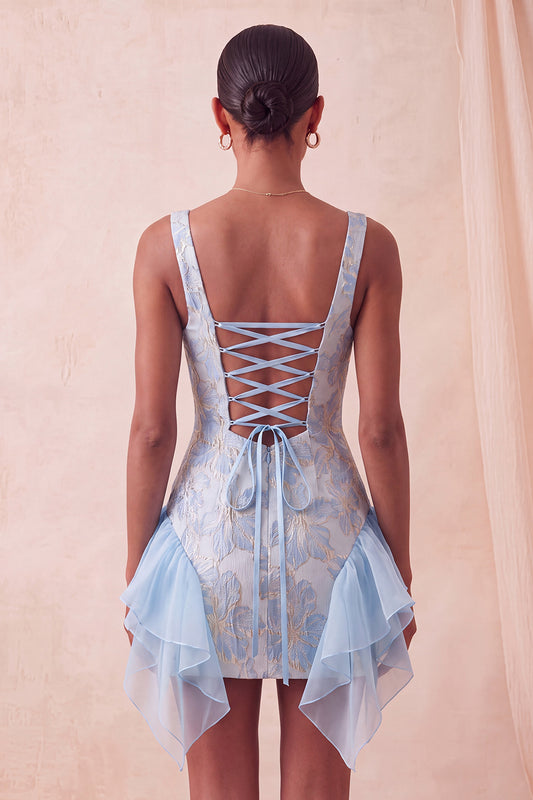 Light Blue Jacquard Square Neck Tight Short Homecoming Dress with Ruffles