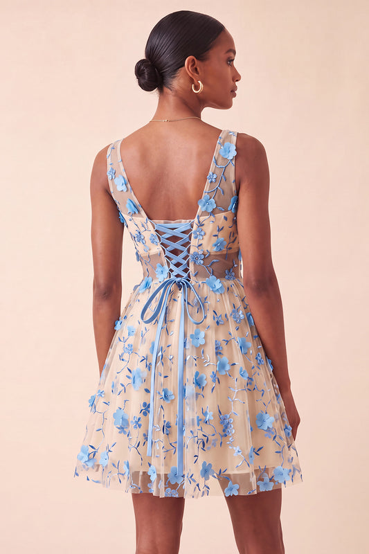 Light Blue V-Neck A-Line Short Homecoming Dress with 3D Flowers