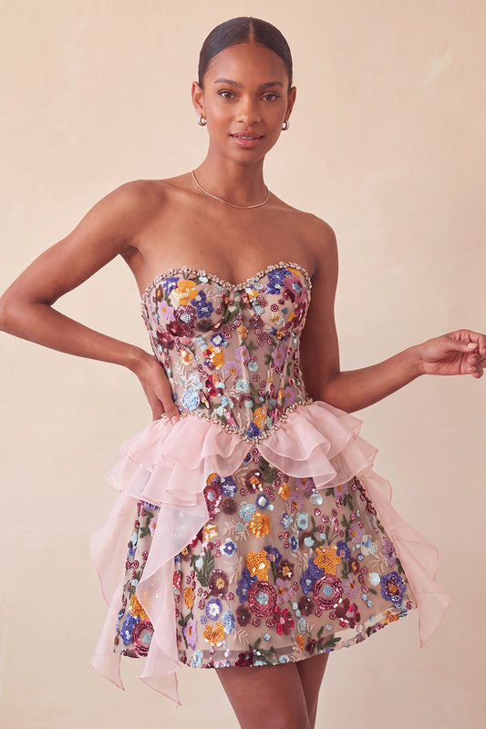 Sparkly Pink Floral Corset Sequin Ruffled Short Homecoming Dress