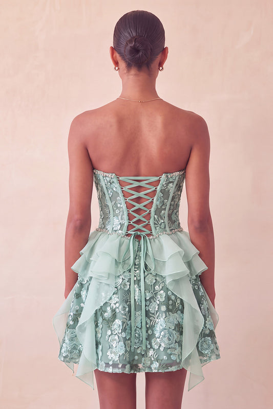 Sparkly Sage Green Floral Corset Sequin Ruffled Short Homecoming Dress