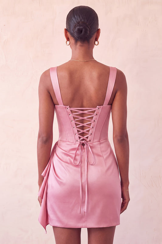 Pink Satin Beaded Tight Short Corset Homecoming Dress with Sash