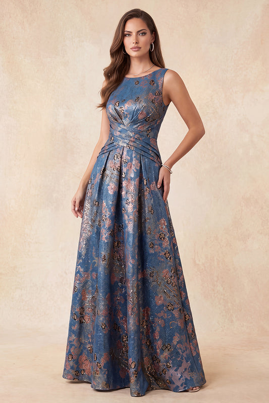 Navy Floral A-Line Boat Neck Ruched Long Formal Dress