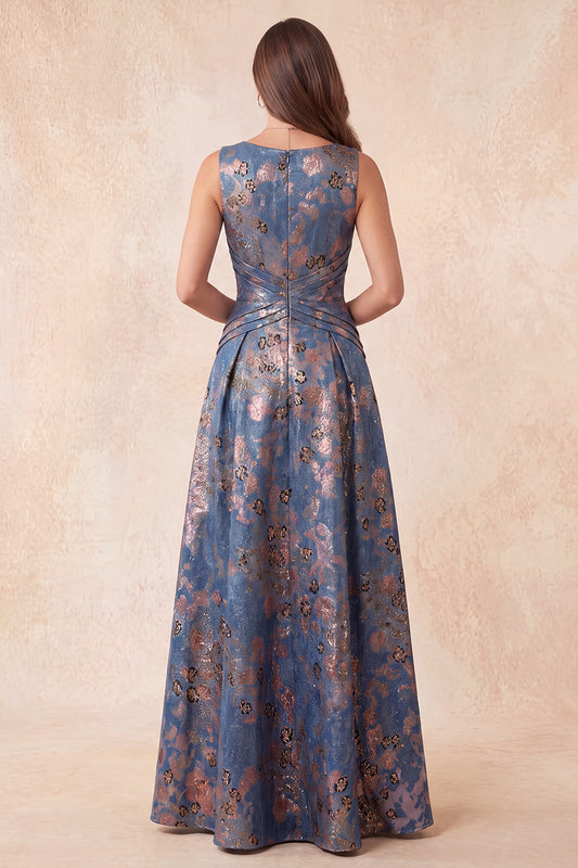 Navy Floral A-Line Boat Neck Ruched Long Formal Dress