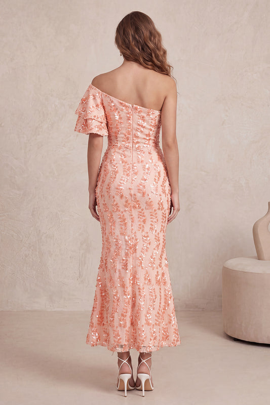 Peach Sparkly Mermaid Sequin One Shoulder Long Formal Dress