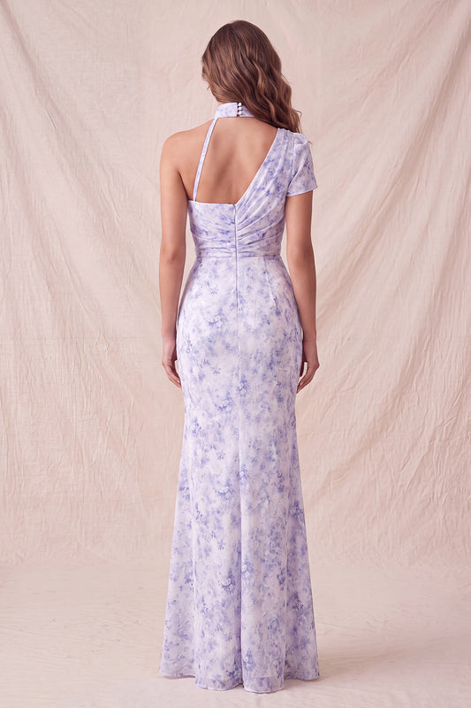Floral Lilac Mermaid One Shoulder Long Formal Dress with Slit