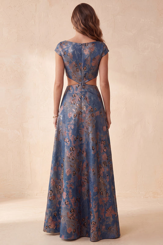 Floral Navy A-Line Boat Neck Cut Out Long Formal Dress