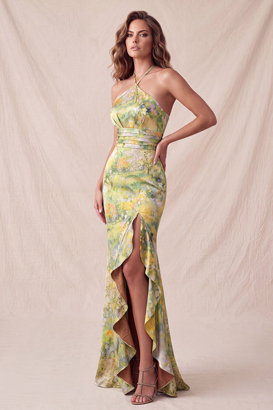 Floral Yellow Mermaid Ruffled Halter Long Formal Dress with Slit