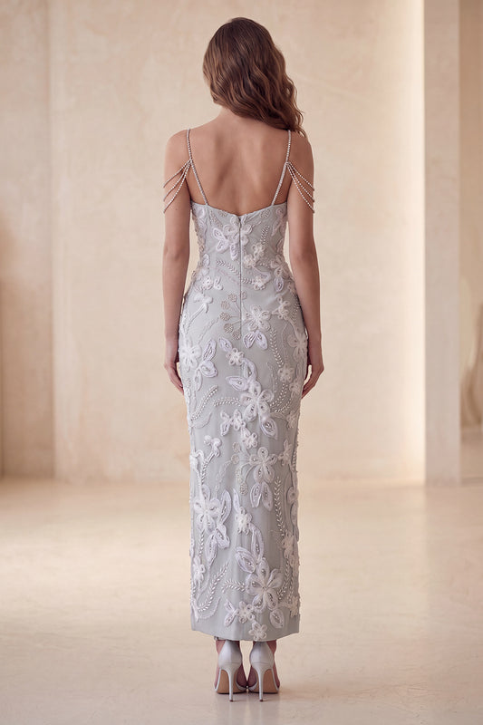 Floral Sparkly Light Grey Beaded Sheath Long Formal Dress