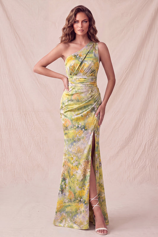 Yellow Floral Mermaid One Shoulder Ruched Long Formal Dress with Slit