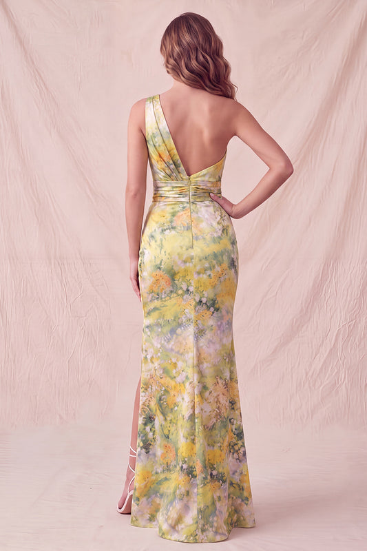 Yellow Floral Mermaid One Shoulder Ruched Long Formal Dress with Slit