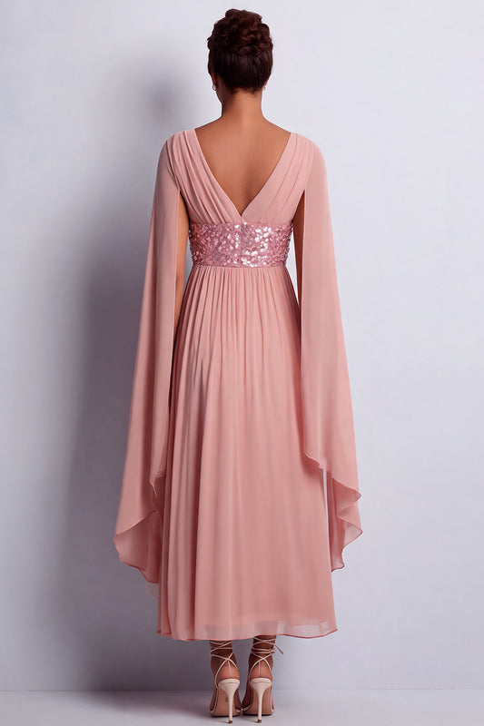 Long Sparkly Pink A Line Beaded V-Neck Mother of the Bride Dress with Cape