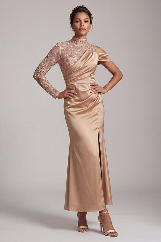 Sparkly Champagne Mermaid Beaded Long Mother of the Bride Dress with Slit