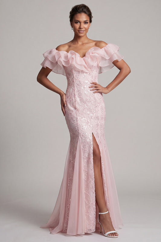 Sparkly Light Pink Long Mermaid Sequin Mother of the Bride Dress with Ruffles