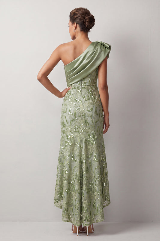 Floral Green Sparkly Sequin One Shoulder High-Low Mother of the Bride Dress