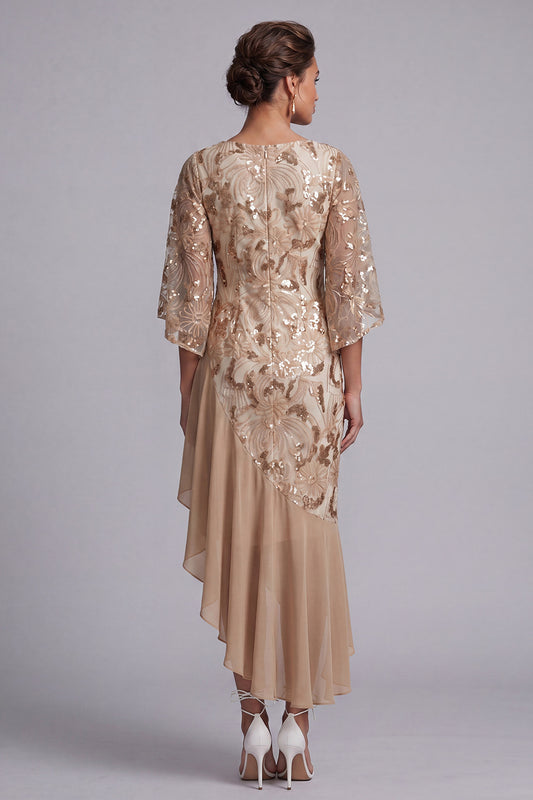 Floral Champagne Sparkly Sequin Mermaid Asymmetrical Mother of the Bride Dress