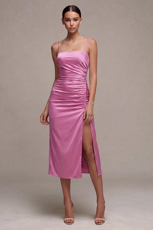 Fuchsia Ruched Satin Pencil Midi Wedding Guest Dress with Slit